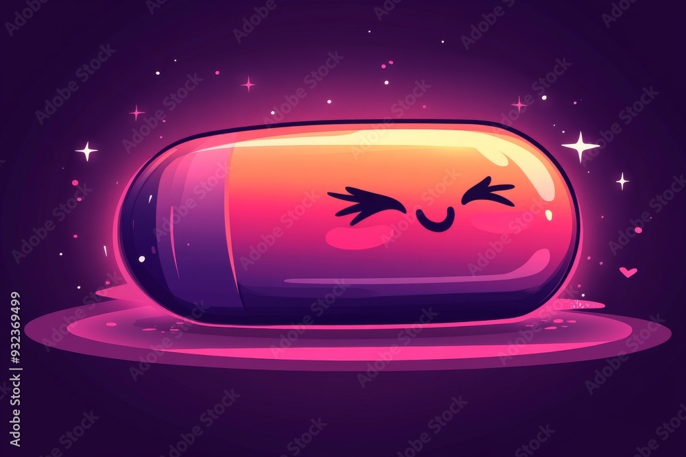Poster neon lit pill character lying down with a content expression representing relaxation and comfort in 