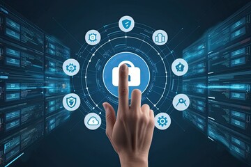 Fototapeta premium Hand Navigating a Cybersecurity Dashboard for Data Defense and Safety