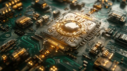 Close up of a Circuit Board with Golden Components