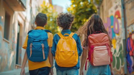 Fototapeta premium Group of kids commuting to school or day care, equipped with backpacks and ready for the day