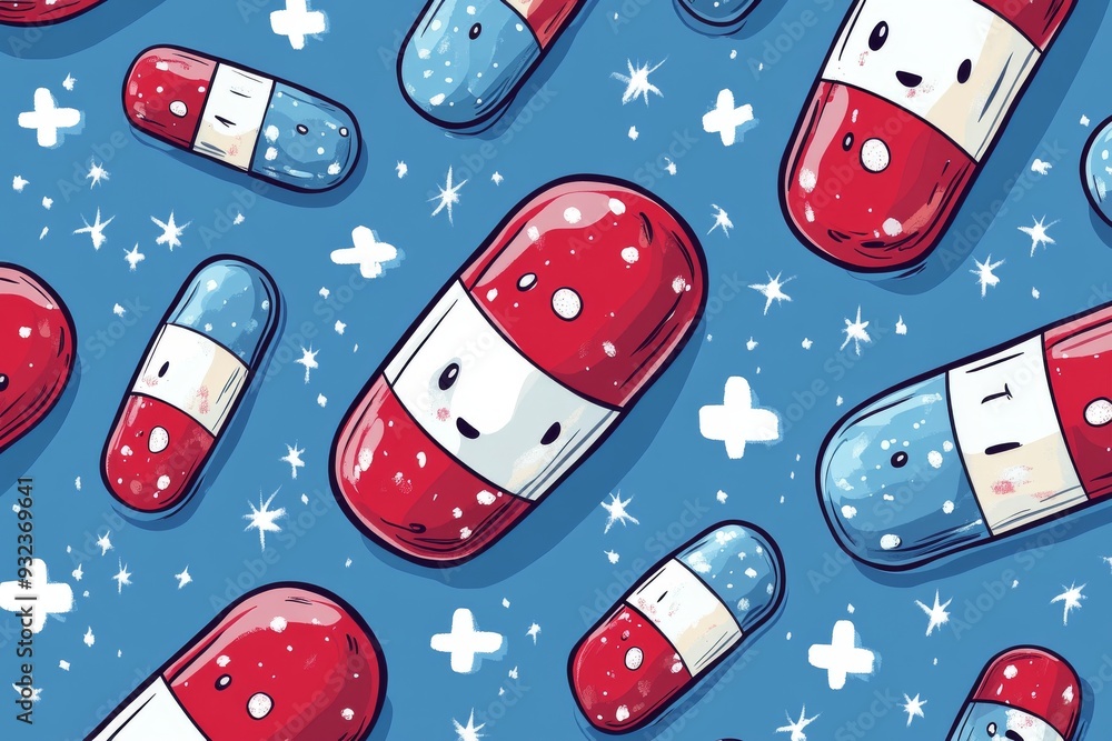 Aufkleber playful pattern of assorted capsules and tablets on a dark blue background emphasizing the diversity