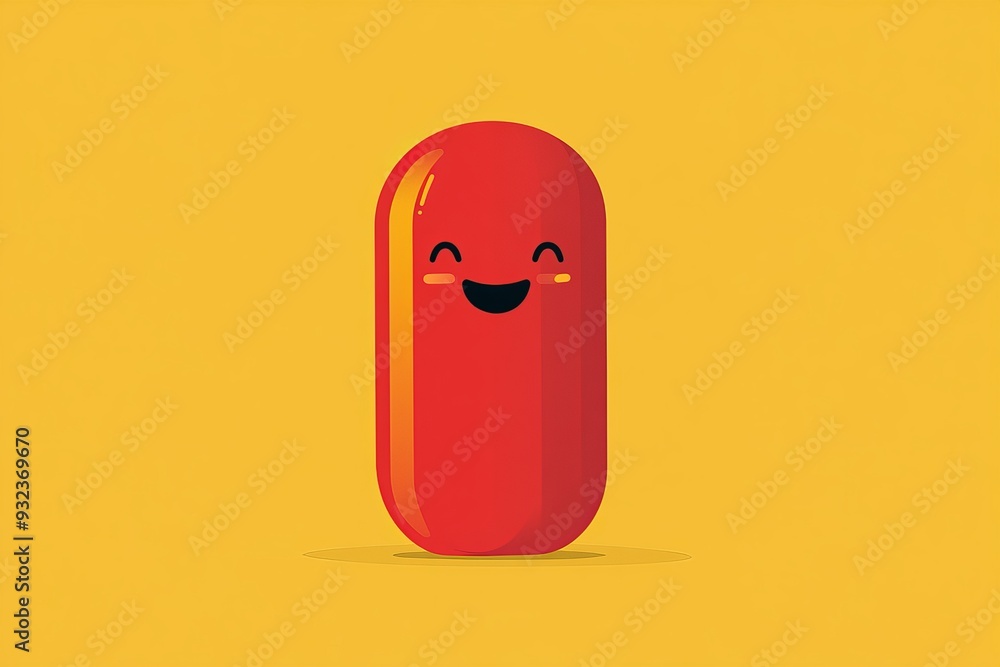 Poster single red pill with a smiling face on a yellow background emphasizing simplicity and positivity in 