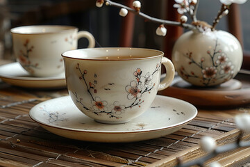 Fototapeta premium teacups and saucer with a flower design on it