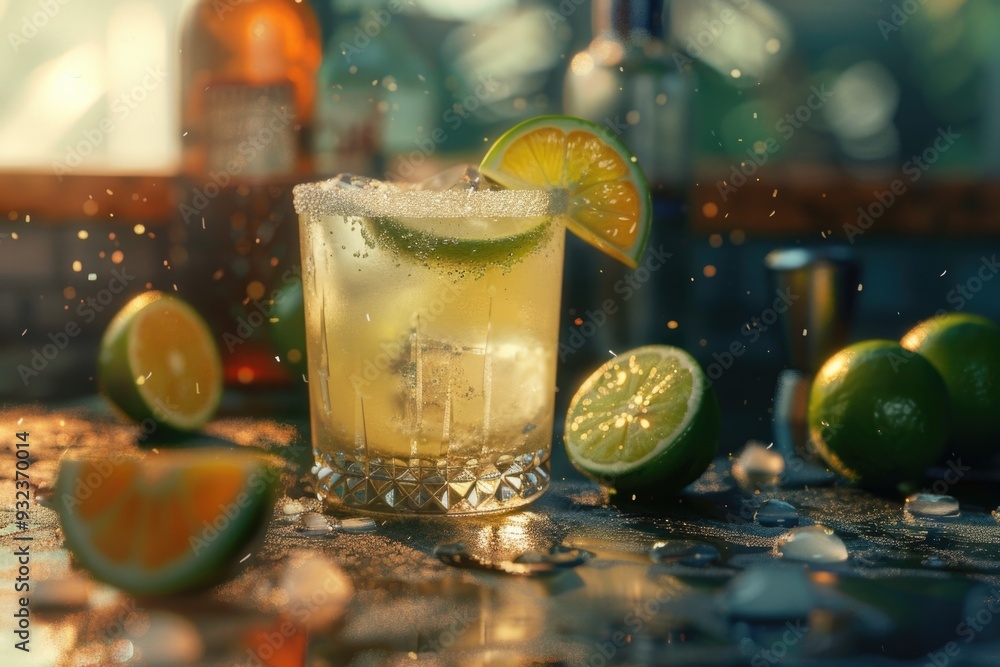 Aufkleber freshly squeezed lime juice and slices garnish a glass of drink on a wooden table