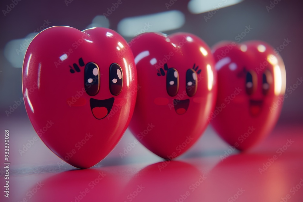 Poster three glossy red heart shaped pill characters with smiling faces portraying love and joy in health a