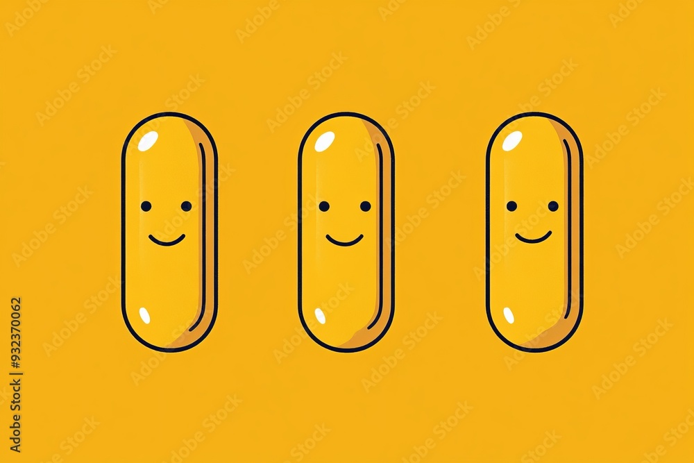 Poster three smiling yellow pill characters on an orange background representing happiness positivity and w