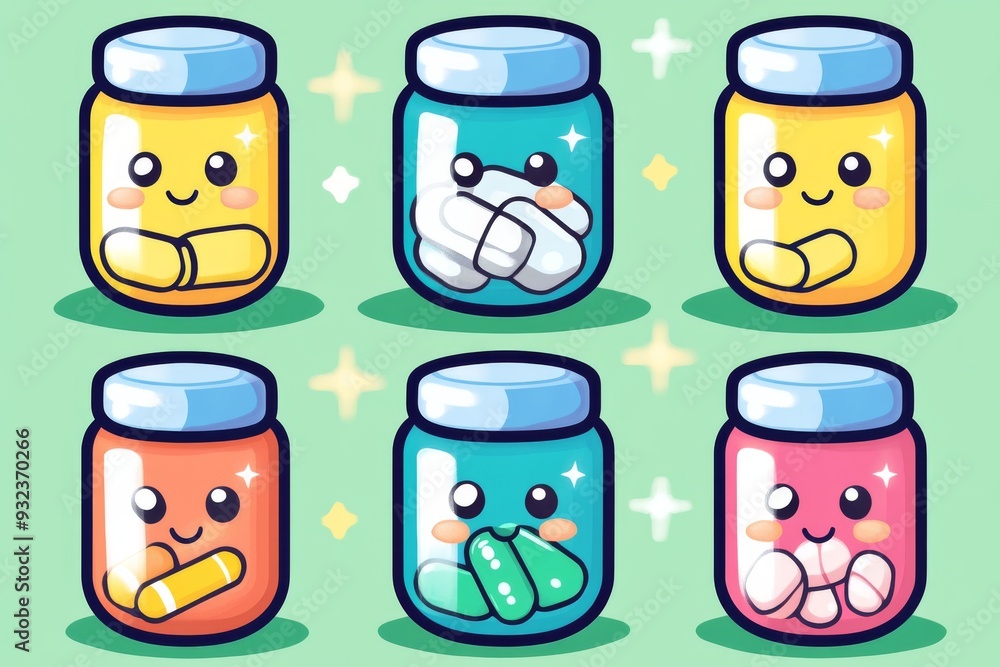 Poster four happy pill characters in glass jars with smiling faces symbolizing the preservation of health a