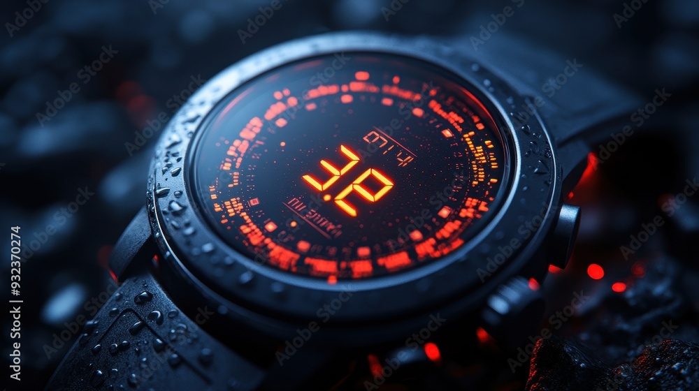 Poster digital watch closeup with red display on dark background