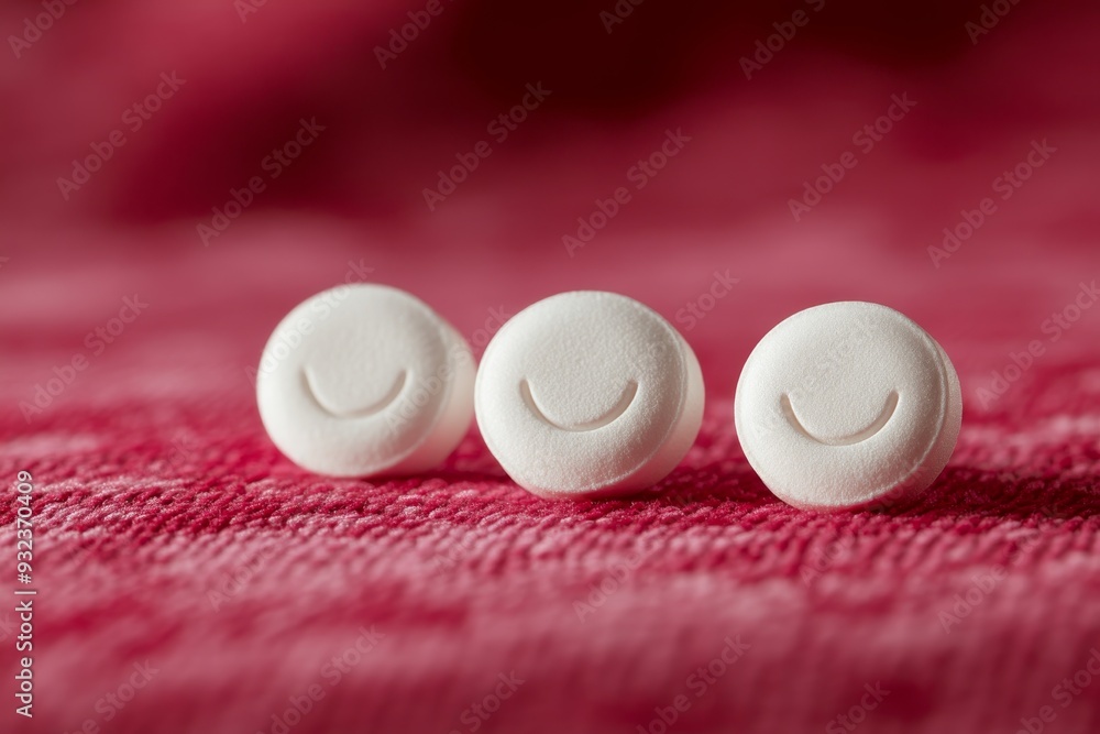 Poster three white tablets with smiley faces on a textured pink background representing simplicity and posi