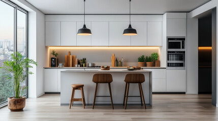 Fototapeta premium A contemporary kitchen featuring a central island with wooden stools, sleek cabinetry, and pendant lighting, designed for a modern lifestyle.