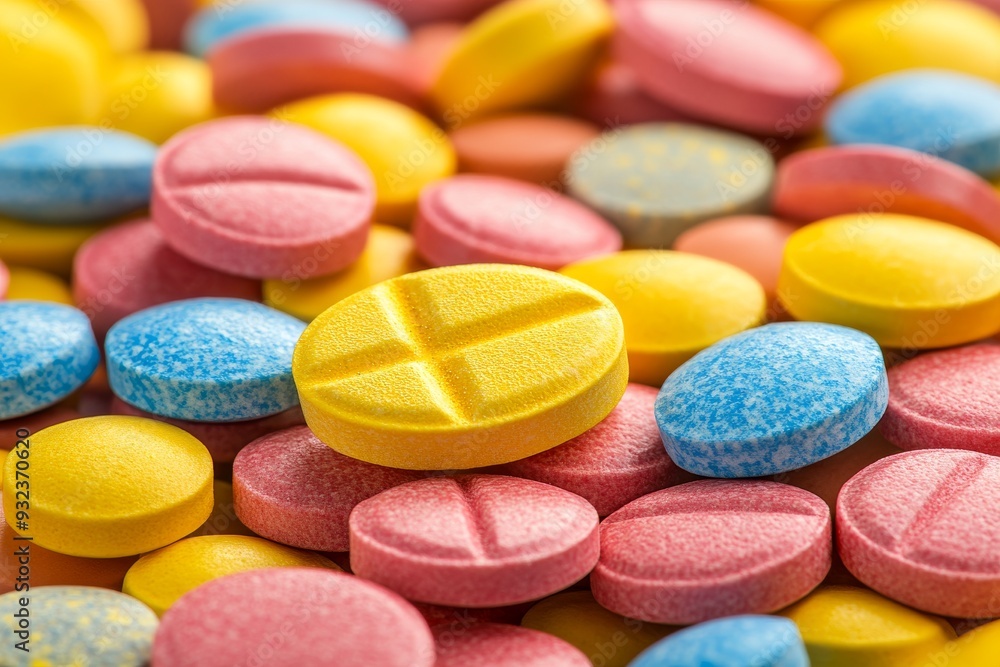 Poster close up of colorful tablets with different shapes and textures emphasizing the diversity and vibran