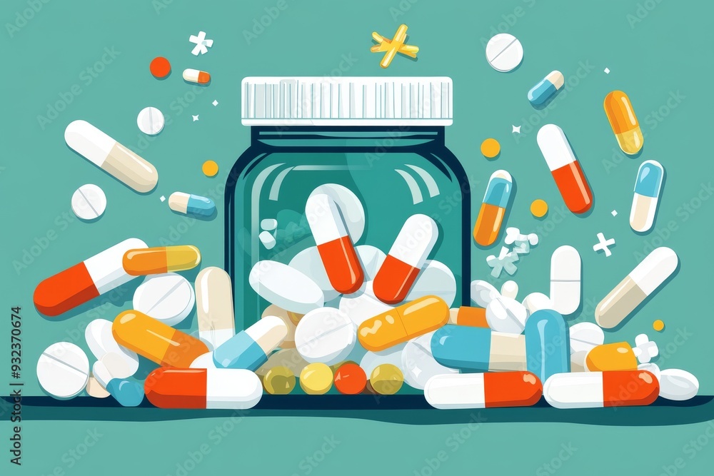 Aufkleber exploding pill bottle with colorful capsules and tablets flying out symbolizing the abundance and vi