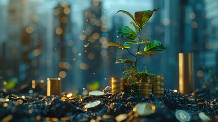 A tiny plant grows through a pile of coins, symbolizing perseverance and resilience
