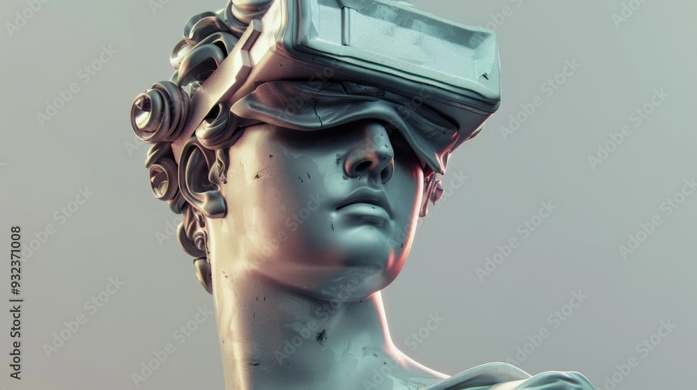 Poster a detailed view of a statue wearing a virtual reality headset, great for futuristic or tech-related 