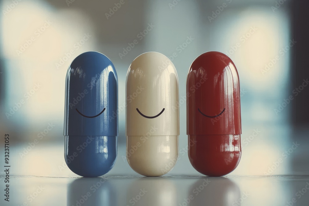 Poster three capsule characters with smiling faces in a minimalist design representing happiness and friend