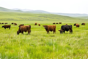 A herd of cattle grazing peacefully in a lush green field, ideal for rural or agricultural themed projects