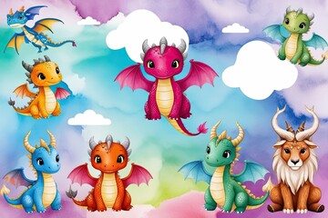 Fototapeta premium Vibrant Fantasy Background with Watercolor Clouds, Cute Baby Dragons, and Whimsical Mythical Beasts