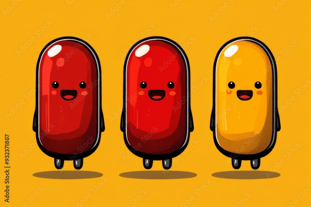 Poster three pill characters in red black and yellow with smiling faces standing side by side symbolizing d