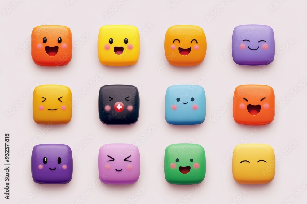 Poster set of colorful emoticon pills with various facial expressions conveying a range of emotions and moo