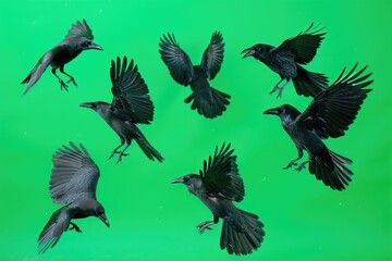 A group of black birds soar through the sky, their wings beating rapidly as they fly together