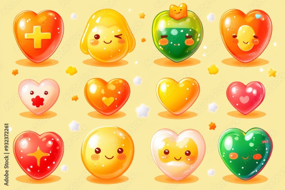 Poster set of heart shaped pill characters with various facial expressions representing the connection betw
