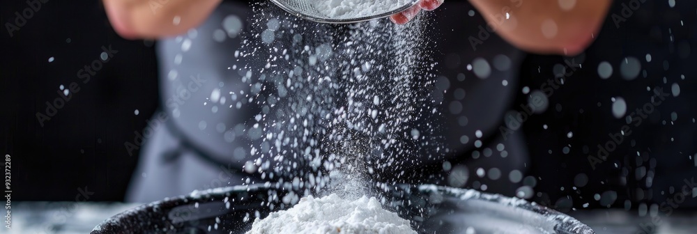 Poster a chef uses a sieve to sift powdered sugar into a mixing bowl for preparing dough, suitable for baki