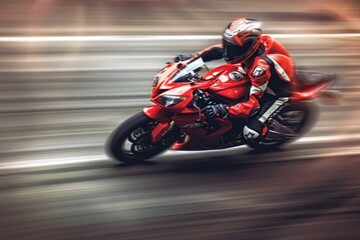 A person rides a bright red motorcycle down a city street