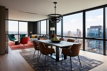 Fototapeta premium Contemporary Urban Living Room Interior with Dining Table, Designer Chairs, and Panoramic Window View