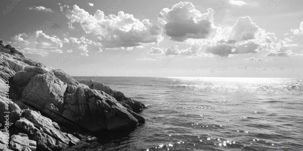 Poster a monochromatic image of the ocean waves crashing against the shore