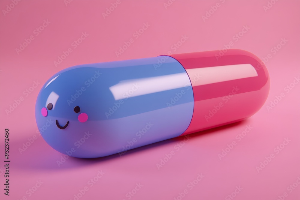 Poster two toned pill with a smiling face on a pink background representing health happiness and simplicity
