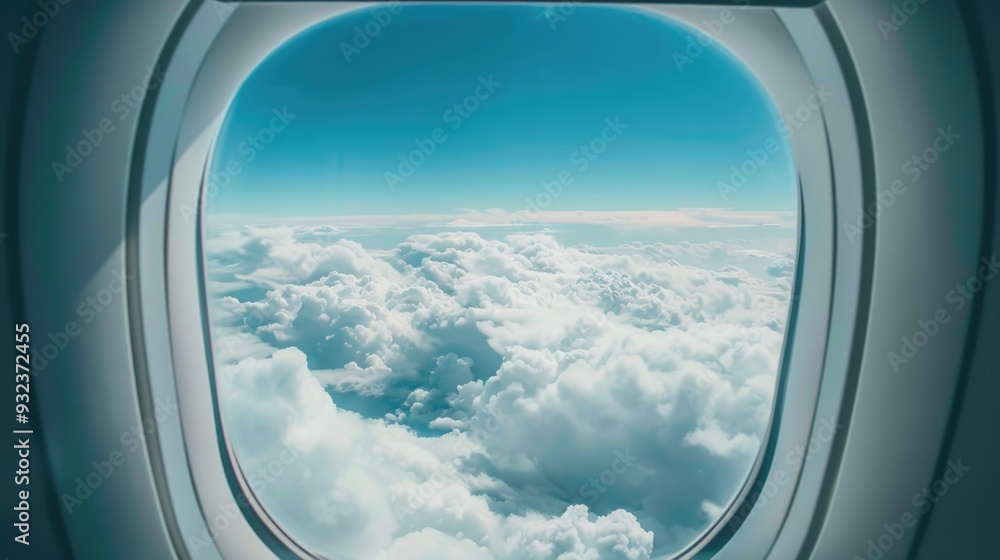 Poster A view of fluffy white clouds passing by outside an airplane window