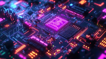 Obraz premium Futuristic Motherboard with Neon Lights Cyberpunk Circuit Board D Render