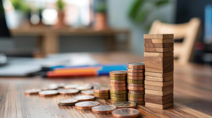 Stacked coins and wooden blocks on a table in an office setting, symbolizing financial growth, investment, and strategy.