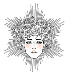 Tribal Goddess. Boho Girl over black and white ornate mandala. Vector ornate decorative illustration isolated on white. Buddhism esoteric motifs. Tattoo, spiritual yoga. Coloring book.