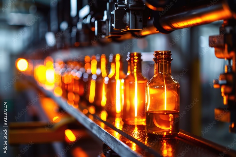 Poster a line of bottles moving on a conveyor belt