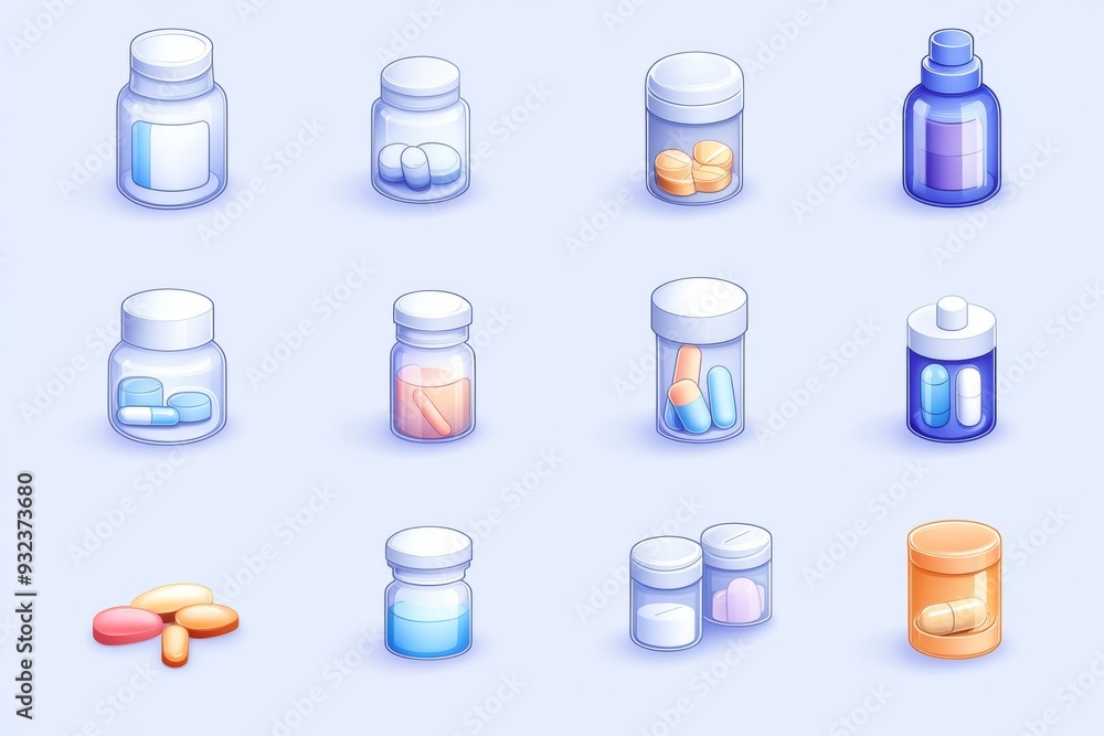 Aufkleber set of various pill bottles and containers in soft pastel colors representing the diversity and orga