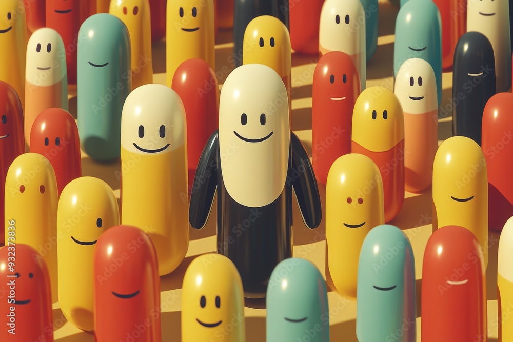 Poster crowd of pill characters in various colors representing diversity and unity in health and well being