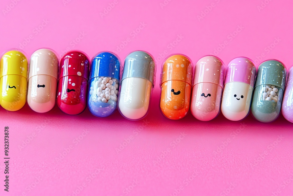 Poster line of colorful capsule characters on a pink background symbolizing health unity and happiness in a