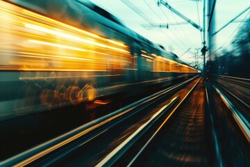 A blurred image of a train moving along the railroad tracks
