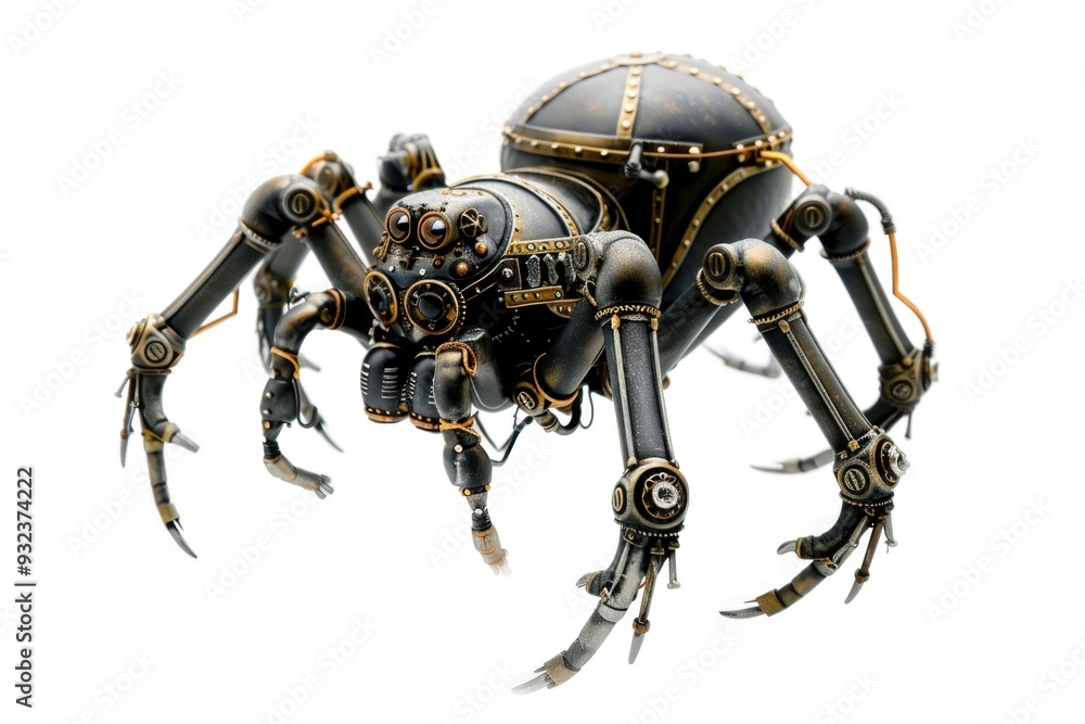 Poster a robotic spider constructed from metal and wires sitting on a white background
