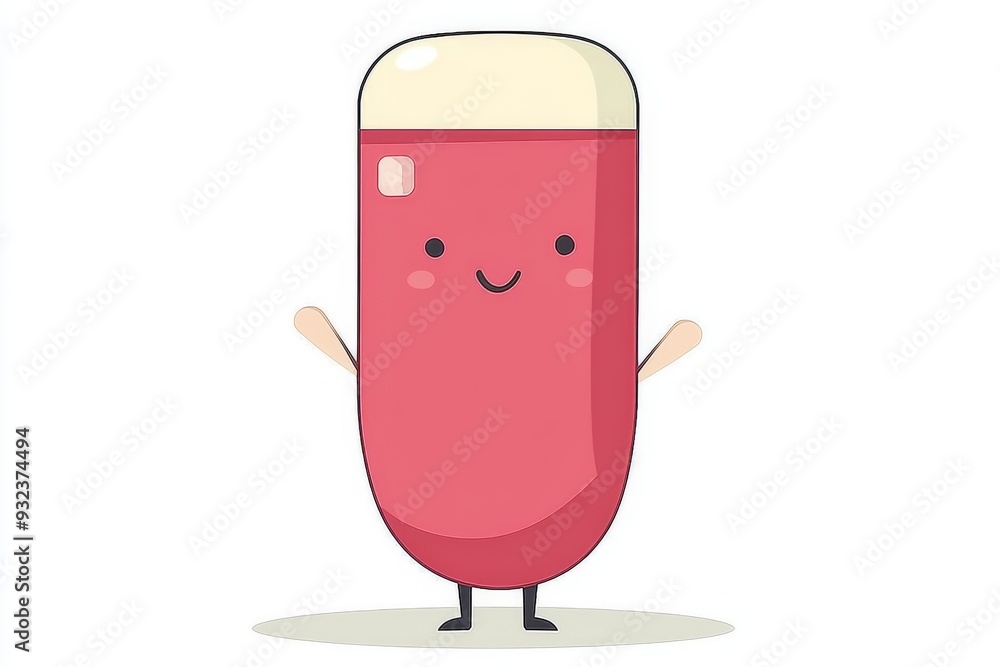 Poster tall red pill character with smiling face and small arms standing on a white background representing