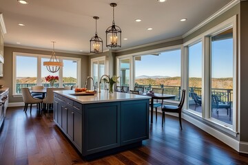 Gourmet Kitchen with Prep Island, Stylish Cabinetry, and Panoramic Views Through Large Windows