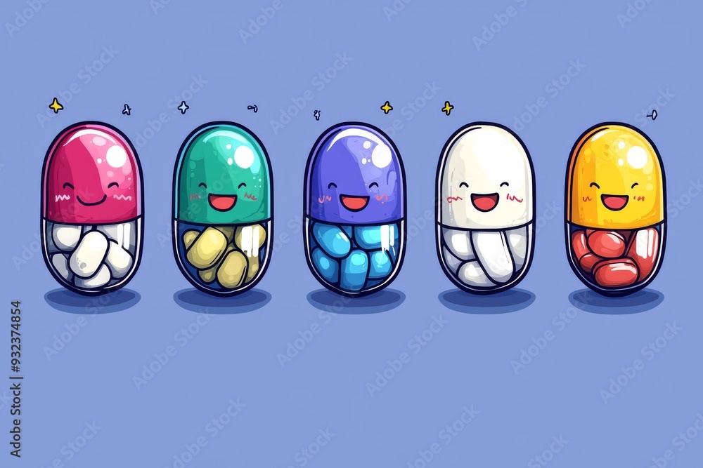 Poster row of colorful capsule characters with various expressions on a blue background symbolizing the div