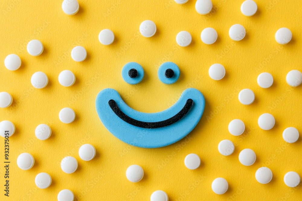 Poster smiling blue pill character surrounded by white tablets on a yellow background representing happines