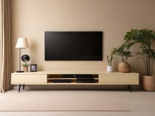 Cabinet for TV on the cream color wall in living room,minimal design