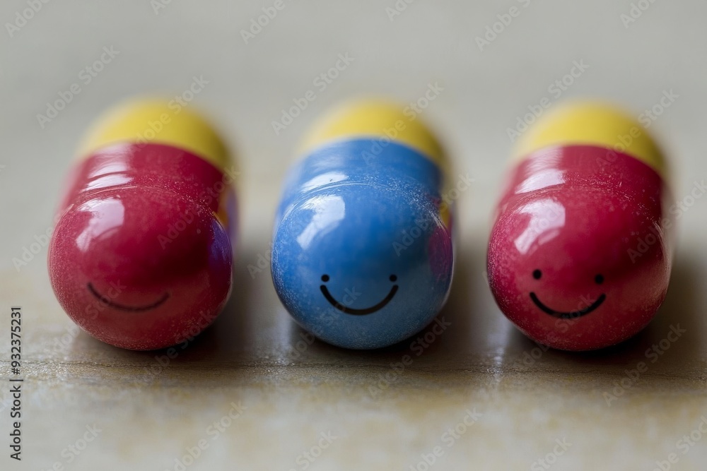 Poster two red and blue capsule characters with smiling faces on a textured background representing friends