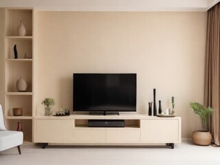 Cabinet for TV on the cream color wall in living room,minimal design