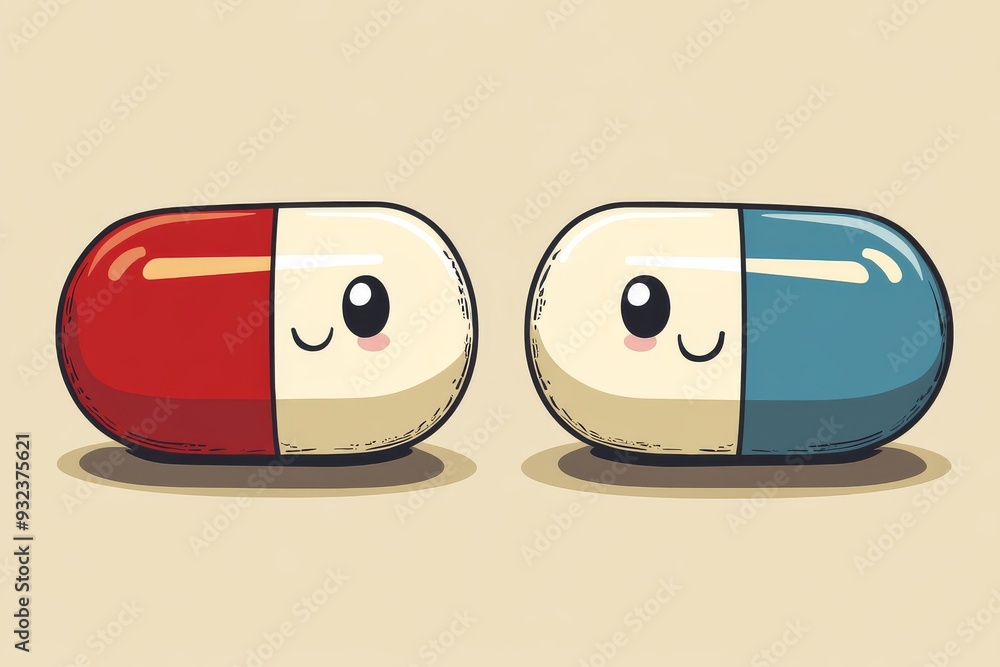 Poster pair of red and blue capsule characters with smiling faces on a neutral background representing comp