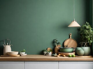 kitchen counter and accessories decor in kitchen room interior on empty green wall background