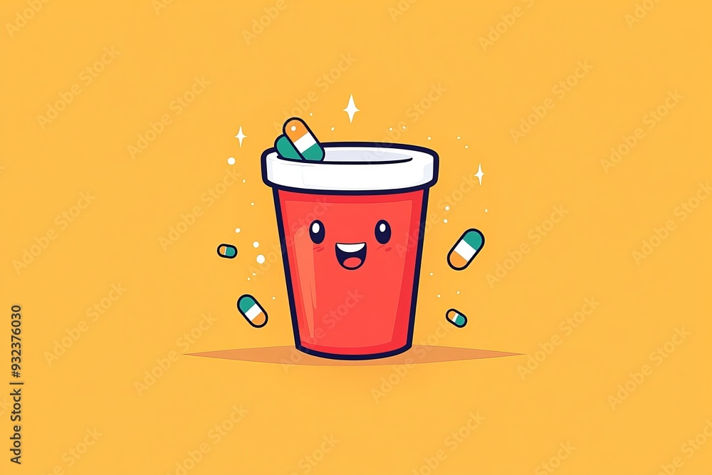 Poster cute red pill character with a smiling face and tiny arms holding a drink representing health happin